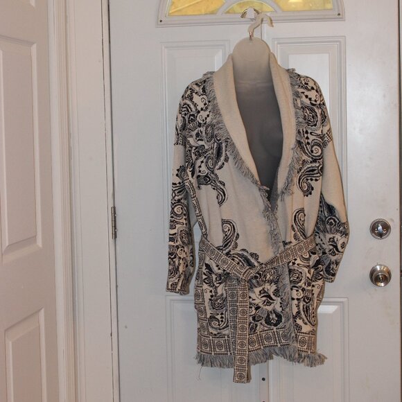 Chico's Sweaters - Chico's Fringe Front Long Cardigan with Belt, Chico's Size 2 US Size L